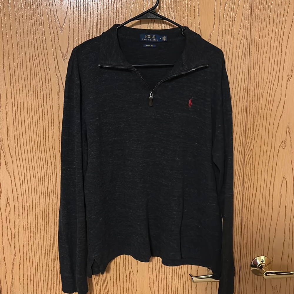 Dark Gray, quarter zip, Polo by Ralph and Lauren.
